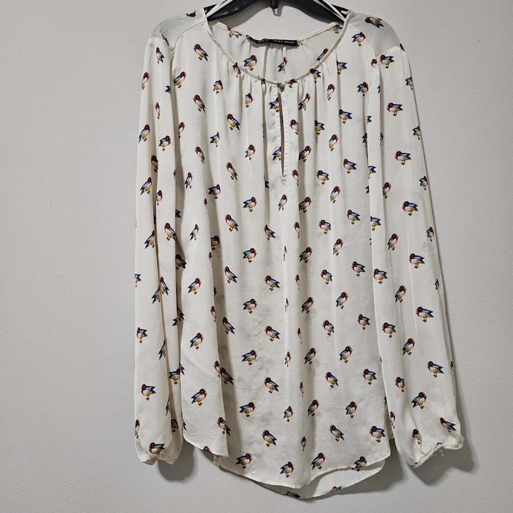 Zara Basic Women XL Off White Bird Print Keyhole Long Sleeve Blouse Top